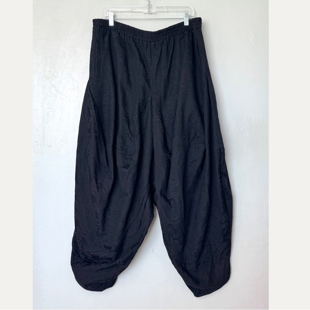 Buykud Black 100% Linen Floral Jacquard Pattern Loose Harem Pants Size 2XL